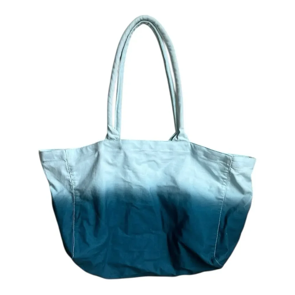Athleta Tote Bag Blue White Ombre Dip Dye Canvas Logo‎ Beach Gym Shopper Travel